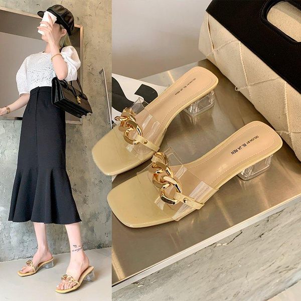 slippers female shoes square heel ladies' luxury slides 2021 block designer rome rubber fashion pu fabric hoof heels, Black